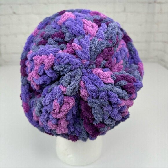 Handmade New Purple Pink Chunky Chenille Slouchy Winter Knit Beanie Large - Picture 5 of 11